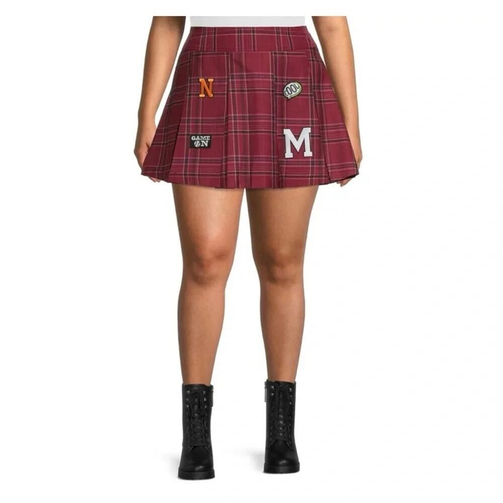 Women Juniors No Boundaries Size Small (3-5) Denim Red Plaid Edgy Skirt Patches